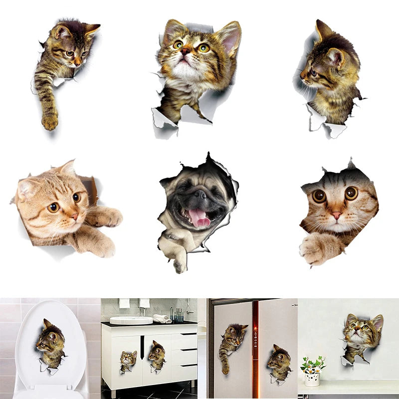 Cat Vivid 3D Smashed Switch Wall Sticker Bathroom Toilet Stickers Kitchen Decorative Decals Funny Animals Decor PVC Mural Art