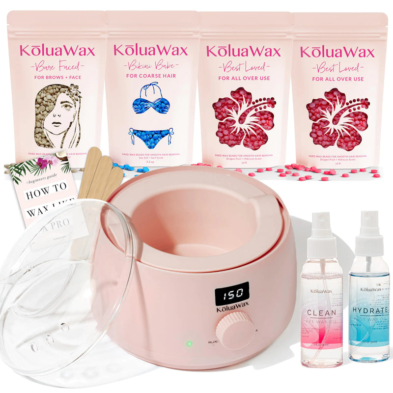 KoluaWax Premium Waxing Kit for Women - Hot Melt Wax Warmer for Hair Removal, Eyebrow, Bikini, Legs, Face, Brazilian Wax & More - Machine + 4-Pack Hard Wax Beads + Accessories, Blush