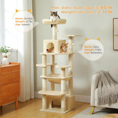 184cm (6 Ft) Large Cat Tree and Tower for Indoor Cats With Sisal-Covered Scratching Posts Spacious Hammock Padded Perches and Condos