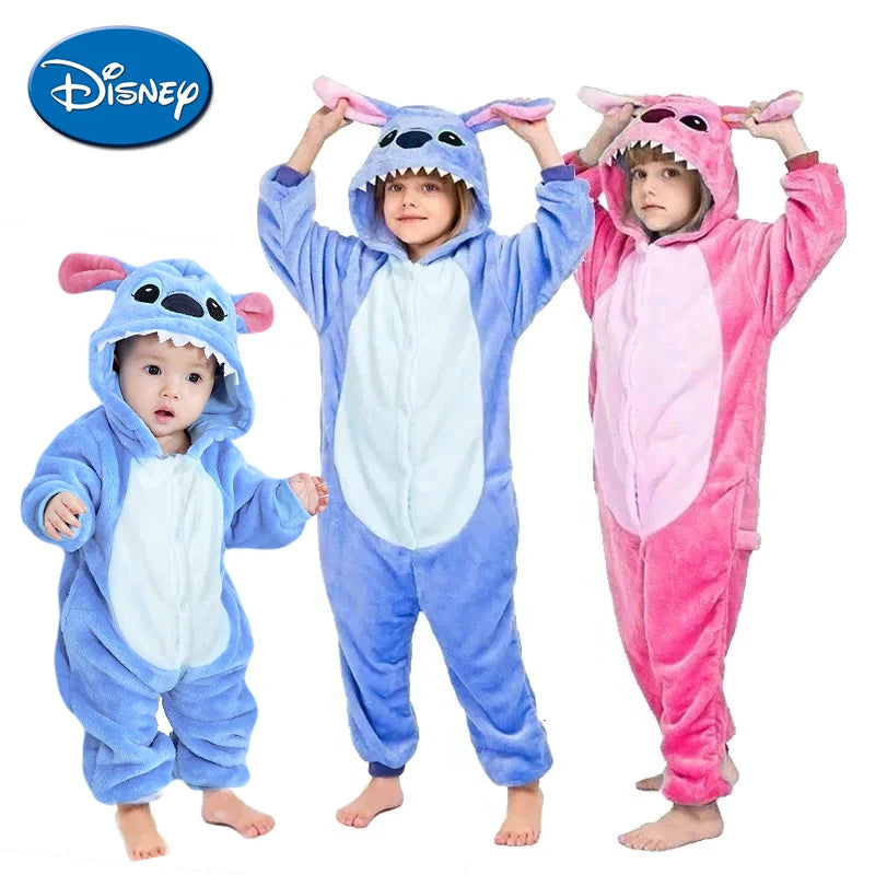 Child Disney Stitch Cosplay Pajamas Anime Stich Angel Costume Jumpsuit Pajamas Hooded Sleepwear Halloween for Kids Girl Boys