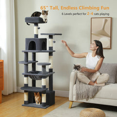 184cm (6 Ft) Large Cat Tree and Tower for Indoor Cats With Sisal-Covered Scratching Posts Spacious Hammock Padded Perches and Condos