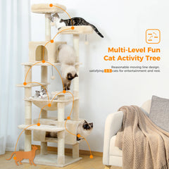 184cm (6 Ft) Large Cat Tree and Tower for Indoor Cats With Sisal-Covered Scratching Posts Spacious Hammock Padded Perches and Condos