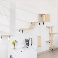 Cat Climbing Tree Wall Mounted Wooden Cat Shelves Jumping Furniture Cat Scratching Post Hammock Stairs Playing Climbing Frame