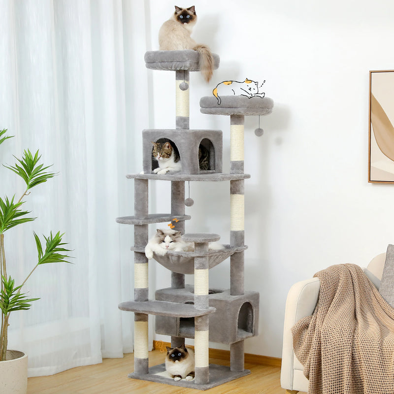 184cm (6 Ft) Large Cat Tree and Tower for Indoor Cats With Sisal-Covered Scratching Posts Spacious Hammock Padded Perches and Condos